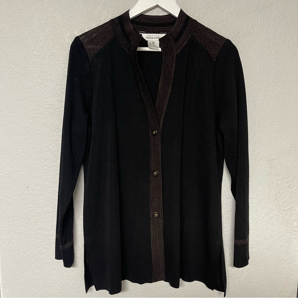 Exclusively Misook Black Brown Trim Knit Long Sleeve Cardigan‎ Jacket Size M